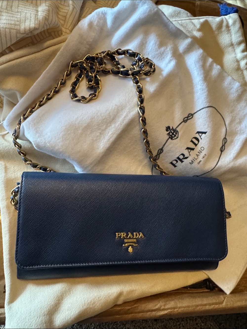 Prada Navy Saffiano Leather Crossbody with Gold Chain